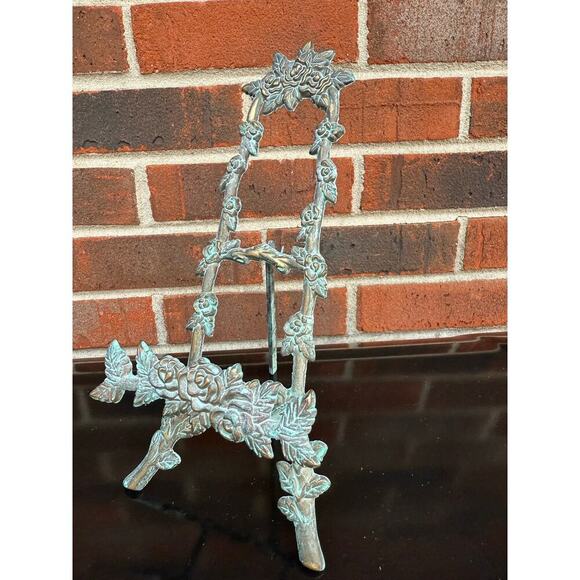 Vintage Turquoise Blue Brass Photo Stand Floral Pattern - Picture 2 of 4